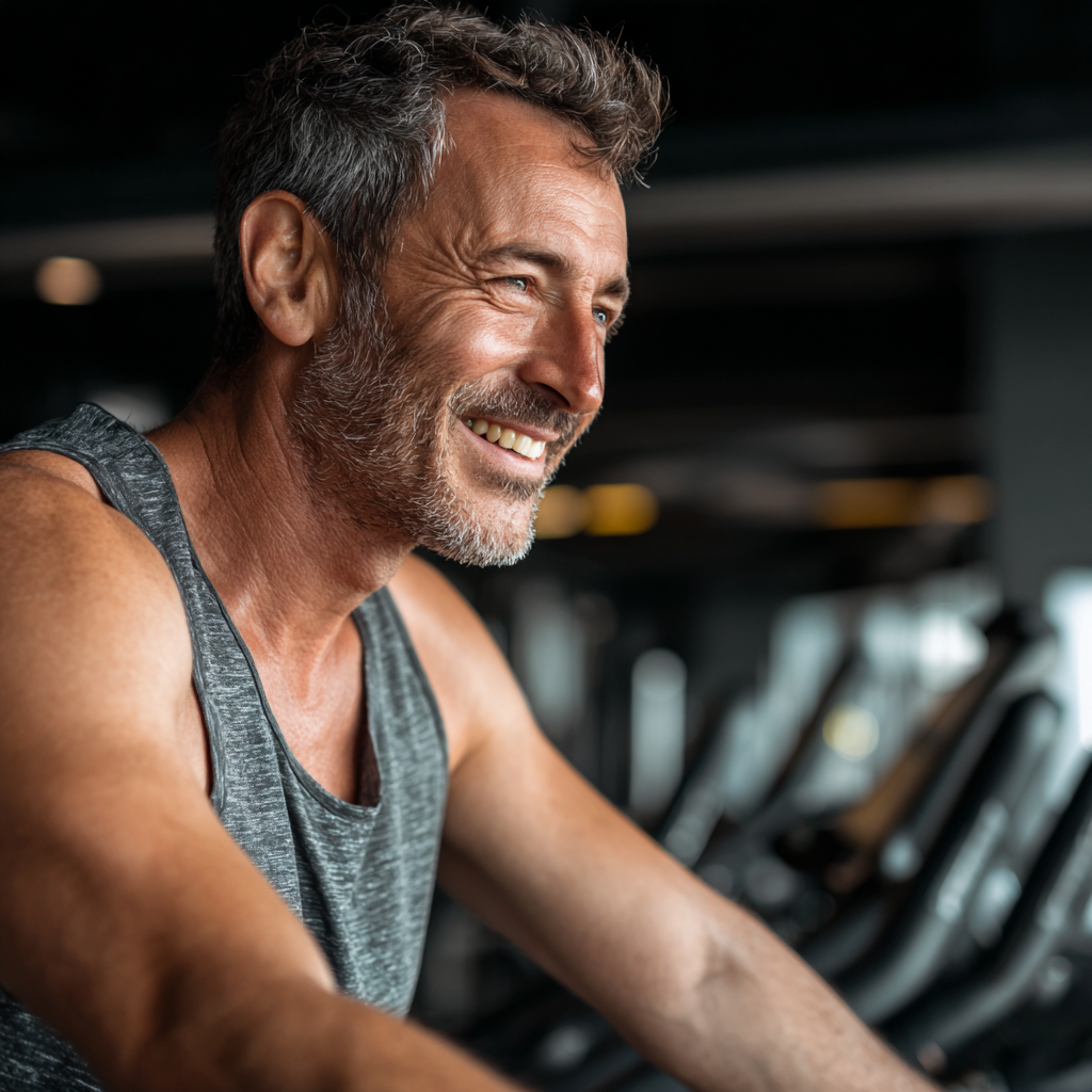 Hombre colombiano sonriente de mediana edad realizando ejercicio funcional en gimnasio moderno