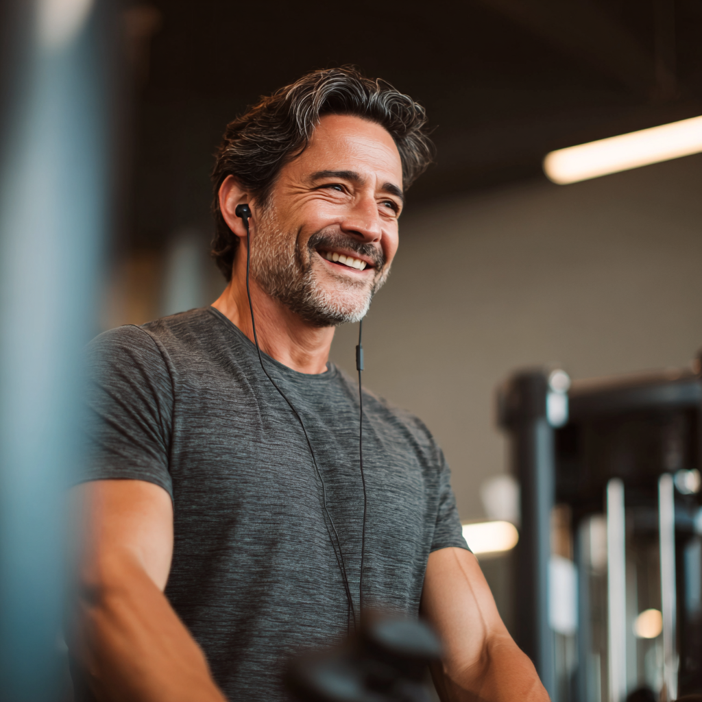 Mujer colombiana joven sonriendo mientras realiza ejercicios de fuerza funcional con equipamiento moderno