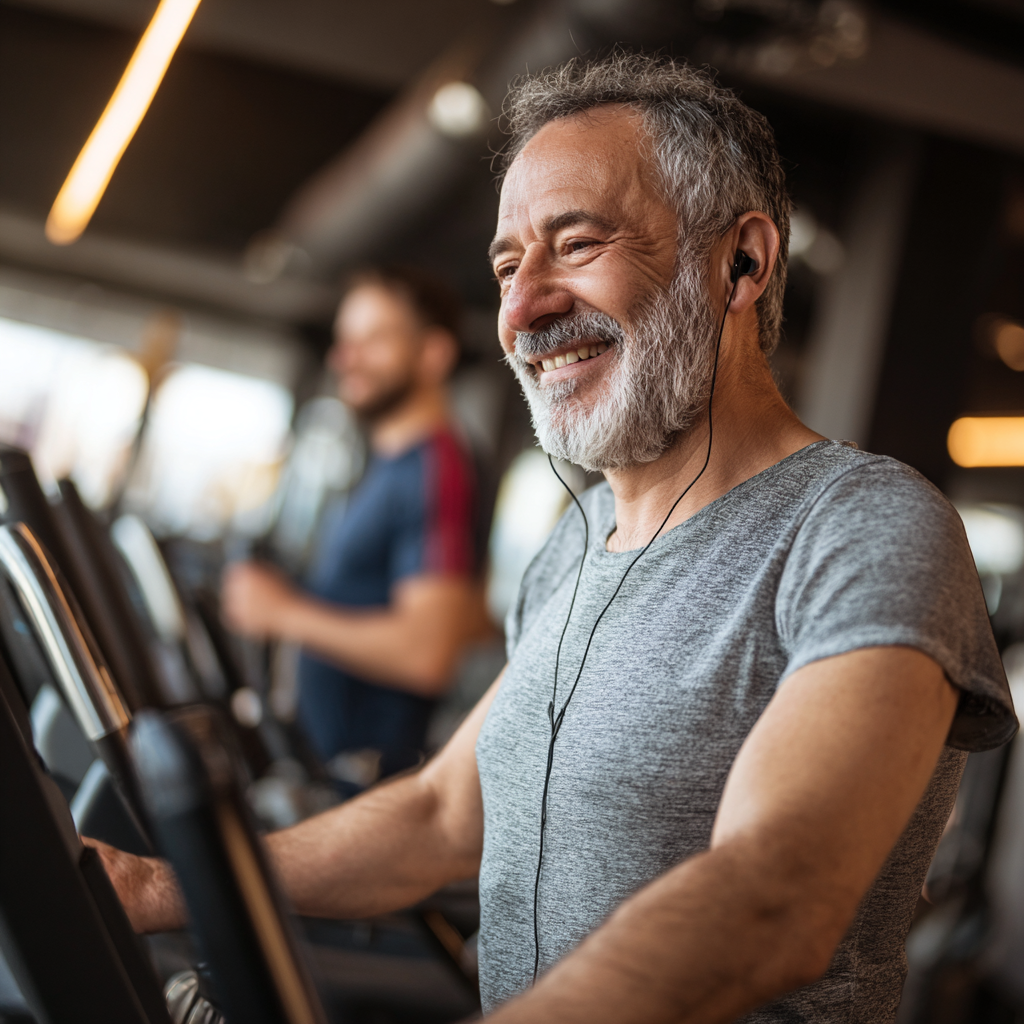 Adulto mayor colombiano sonriente realizando ejercicios de movilidad y estiramiento en parque natural